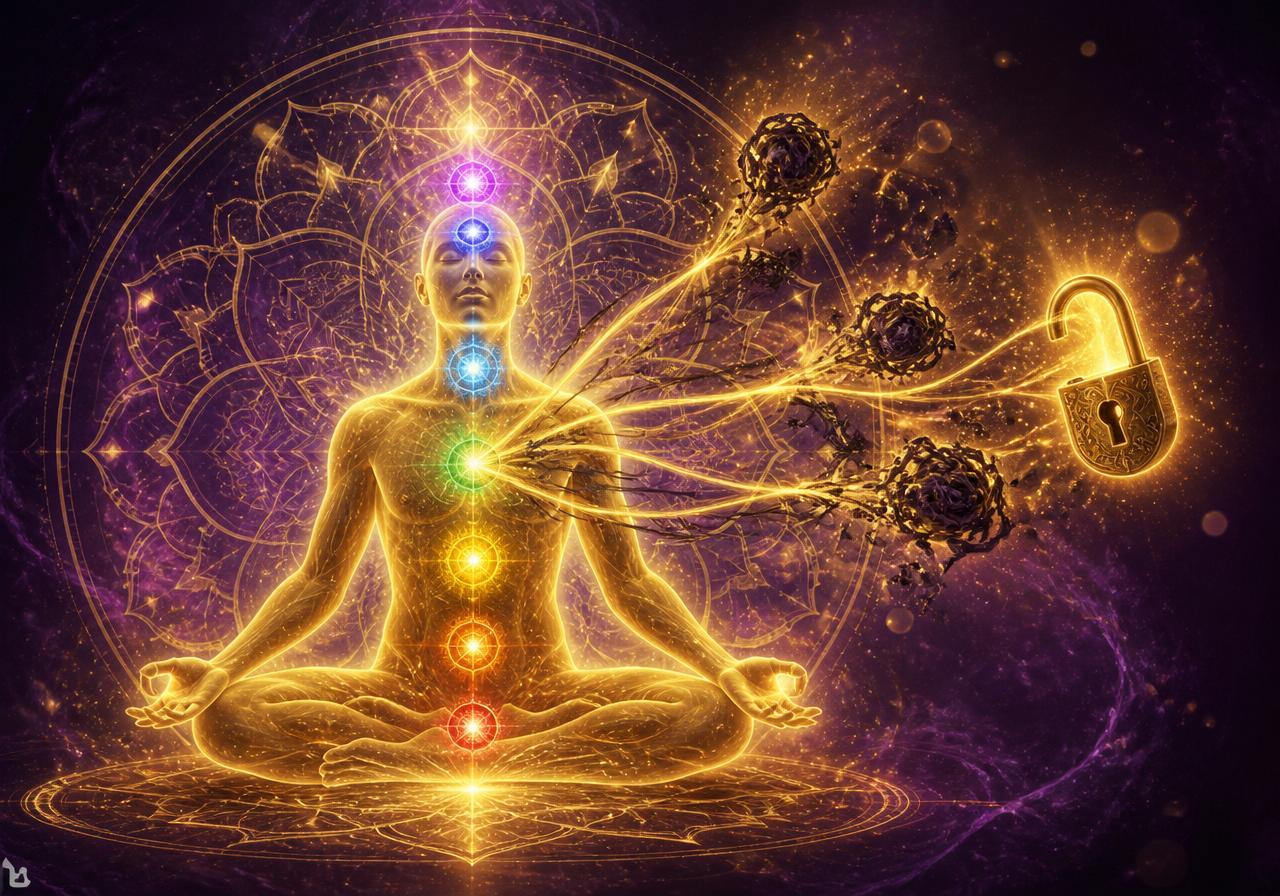 Glowing meditator releasing knots of emotional pain from the subconscious mind