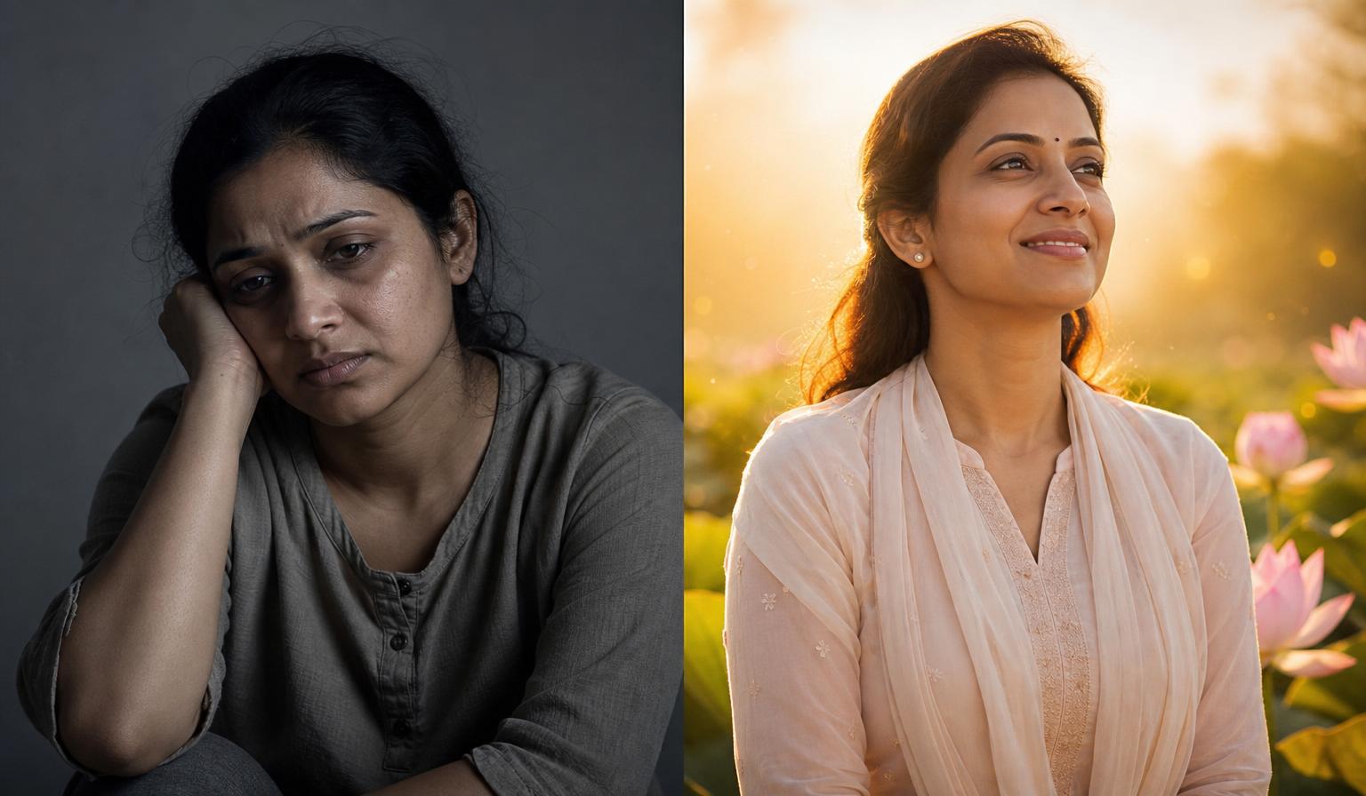 Before and after transformation showing the woman moving from exhaustion and stress to peace and confidence