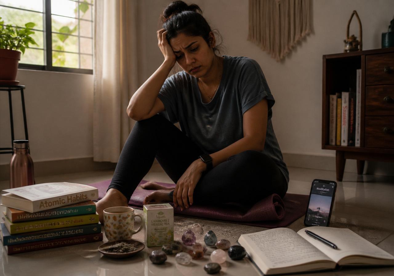 Woman surrounded by self-help books, meditation app, journal and crystals feeling tired of unsuccessful attempts
